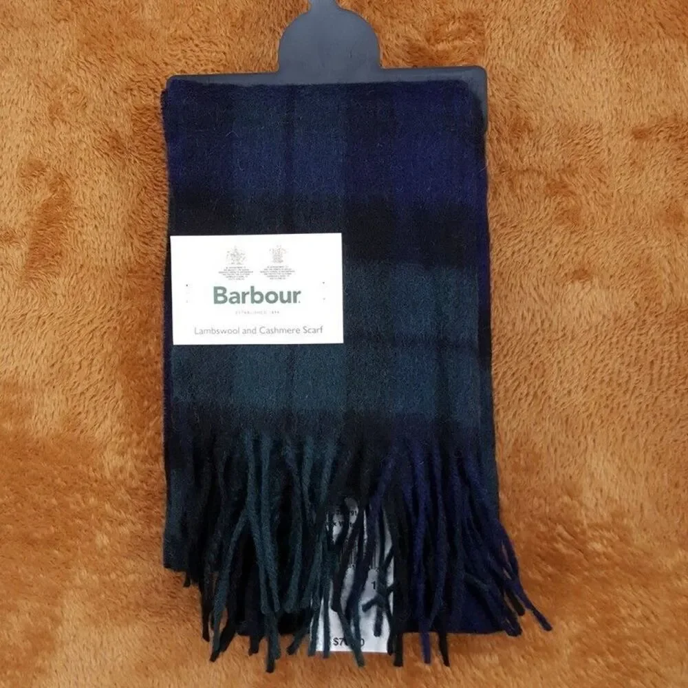 BARBOUR Mens Scarf Blue Green Tartan Plaid Blackwatch Fringe Lambswool Cashmere
